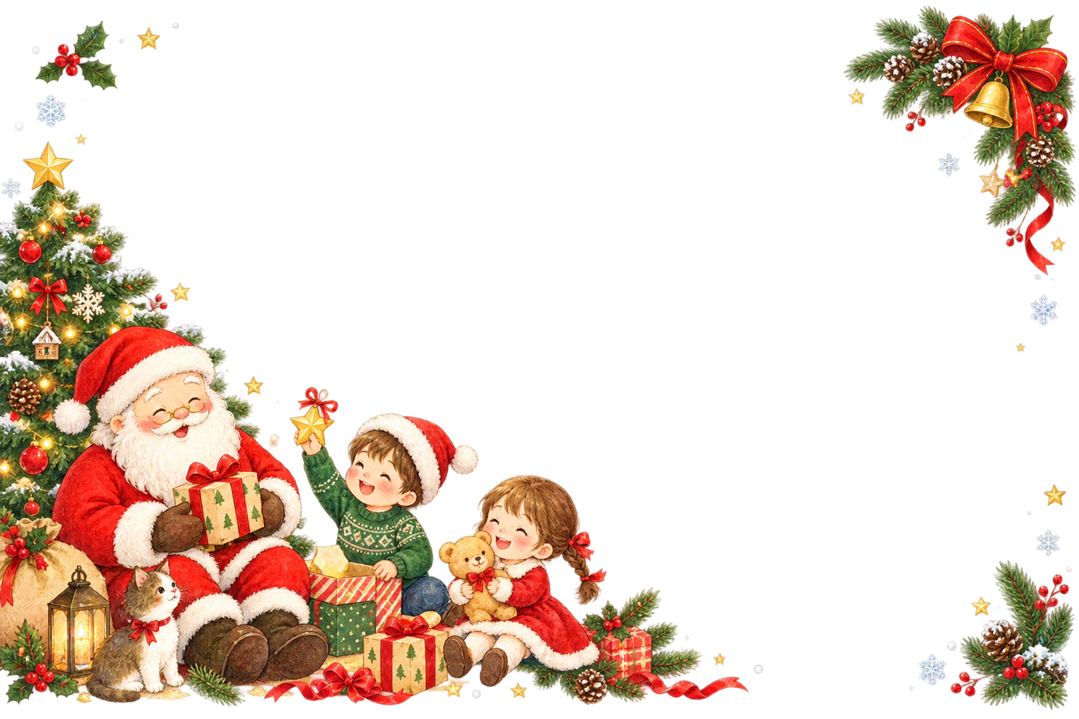 クリスマスの朝を楽しむかわいいサンタと子どものメッセージカード・フレーム｜無料イラスト96355に写真・文字を入れる