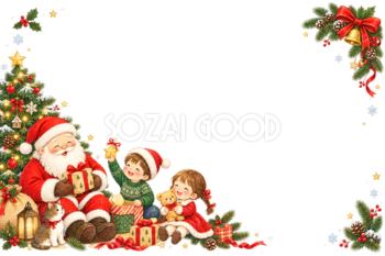 クリスマスの朝を楽しむかわいいサンタと子どものメッセージカード・フレーム｜無料イラスト96355