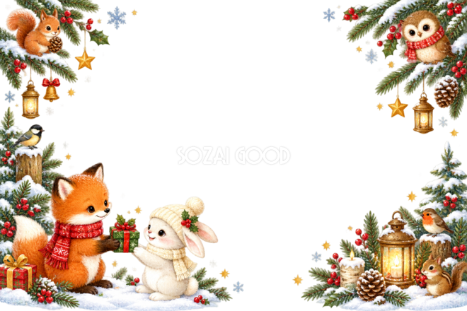 キツネ・ウサギ・リス・フクロウ・小鳥のかわいいクリスマスメッセージカード＆フレームイラスト｜無料96357