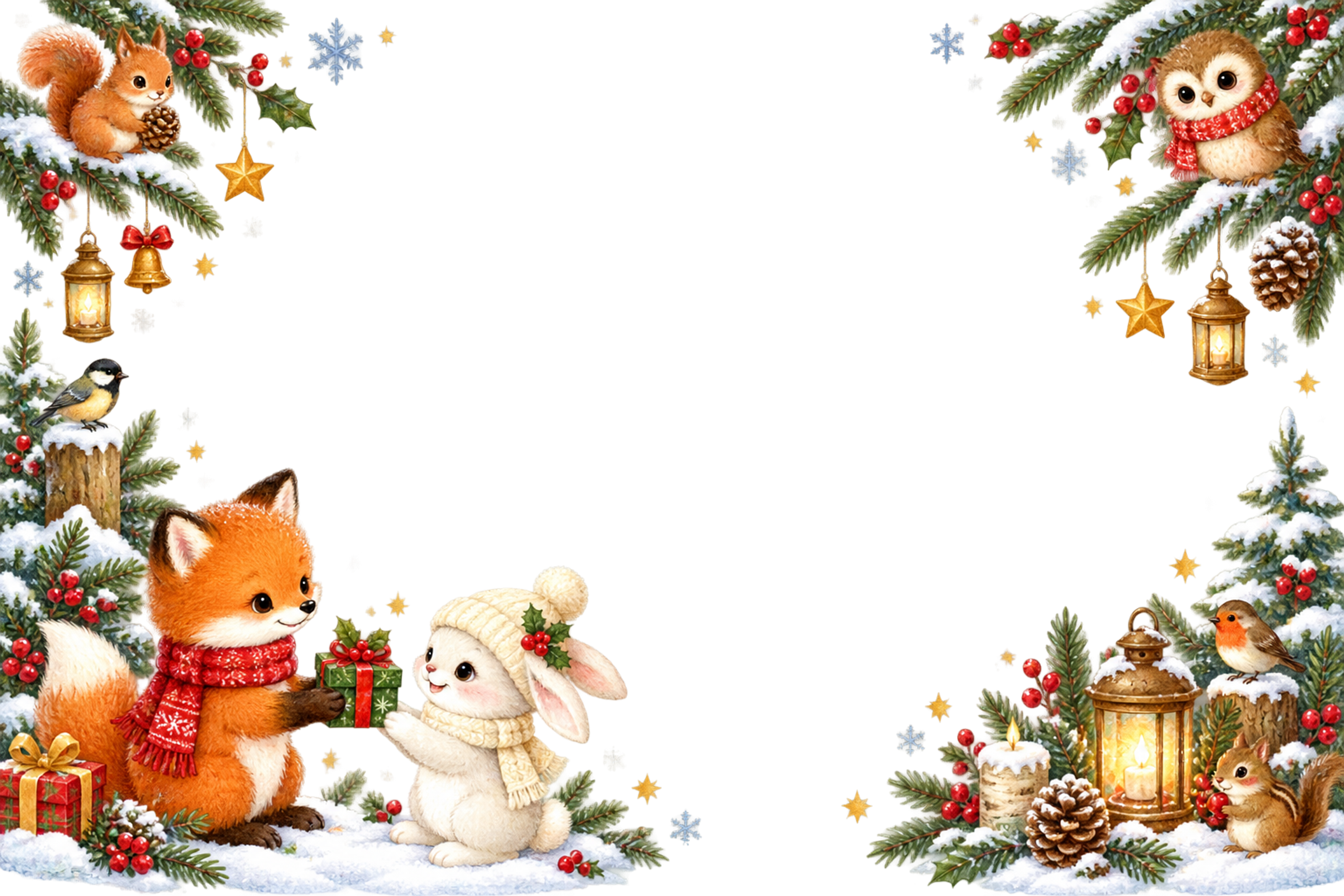 キツネ・ウサギ・リス・フクロウ・小鳥のかわいいクリスマスメッセージカード＆フレームイラスト｜無料96357に写真・文字を入れる