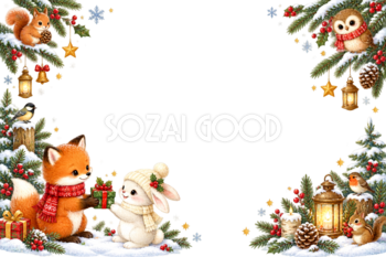 キツネ・ウサギ・リス・フクロウ・小鳥のかわいいクリスマスメッセージカード＆フレームイラスト｜無料96357