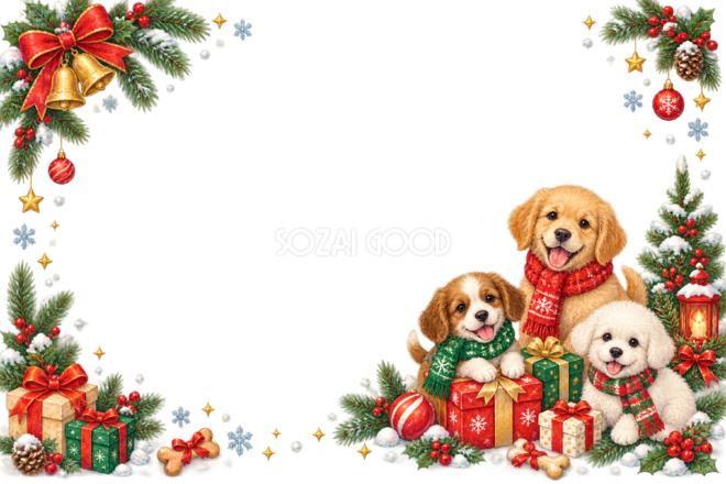 子犬と小鳥のかわいいクリスマスメッセージカード＆フレームイラスト｜無料96358