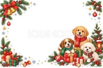 子犬と小鳥のかわいいクリスマスメッセージカード＆フレームイラスト｜無料96358