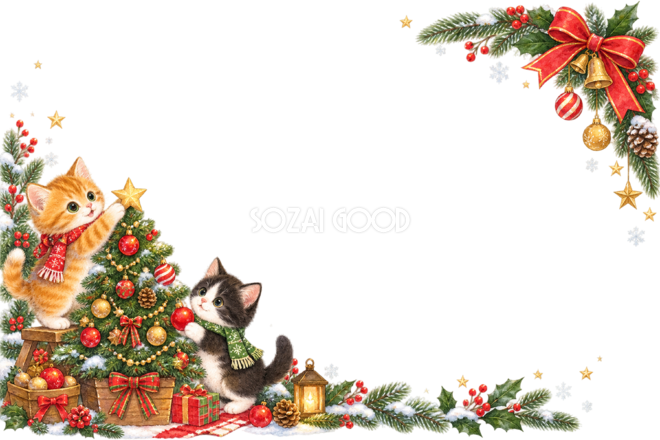 茶トラ猫と黒猫のかわいいクリスマスメッセージカード&フレームイラスト|無料96359