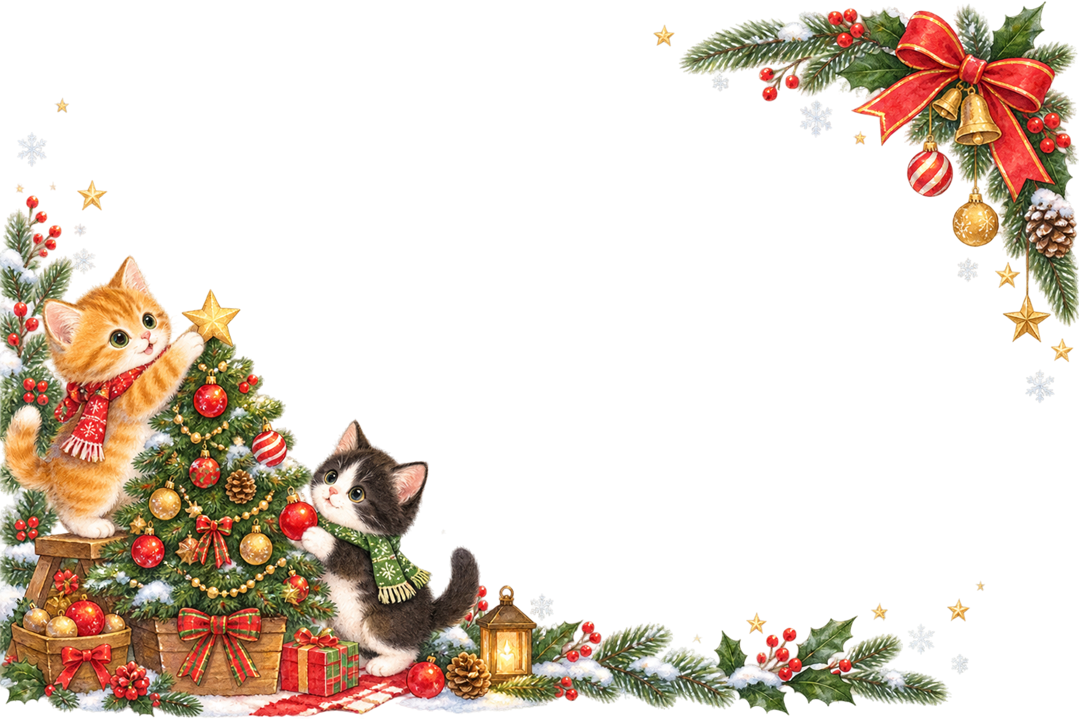 茶トラ猫と黒猫のかわいいクリスマスメッセージカード＆フレームイラスト｜無料96359に写真・文字を入れる