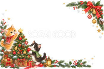 茶トラ猫と黒猫のかわいいクリスマスメッセージカード＆フレームイラスト｜無料96359