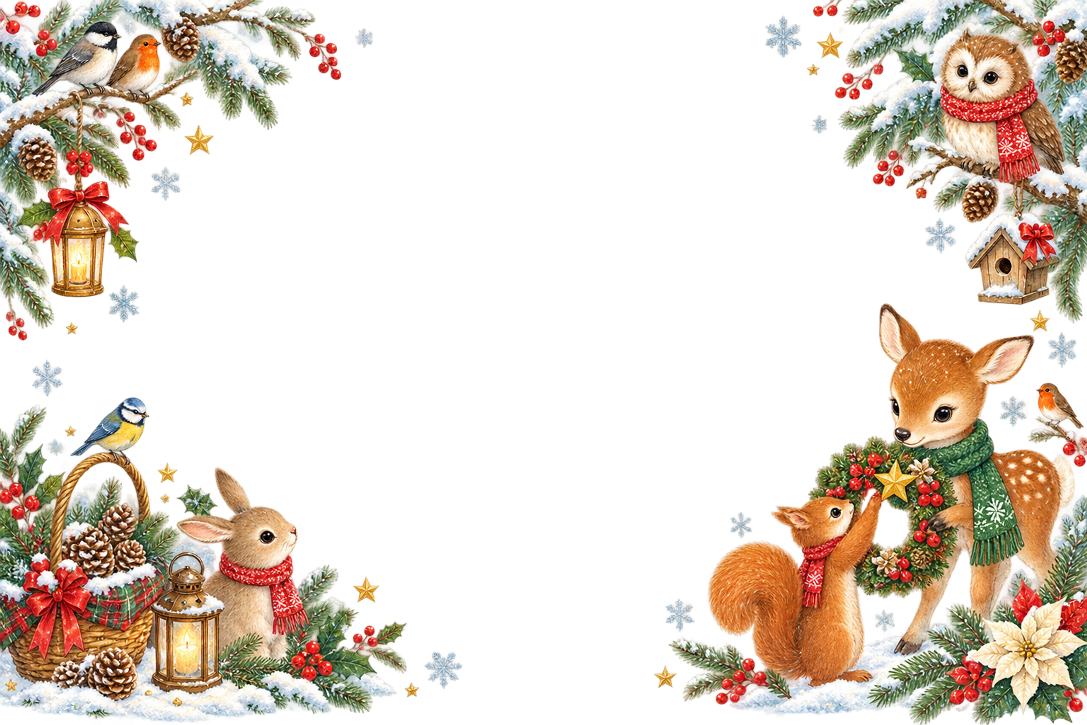 シカ・リス・ウサギ・フクロウ・小鳥のかわいいクリスマスカードフレーム｜無料96360に写真・文字を入れる
