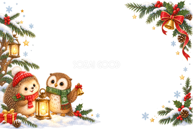 ハリネズミとフクロウのかわいいクリスマスメッセージカード&フレーム|無料96361