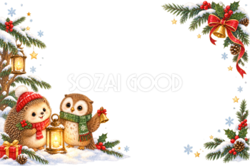 ハリネズミとフクロウのかわいいクリスマスメッセージカード＆フレーム｜無料96361