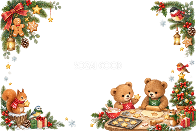 子グマ・リス・小鳥のかわいいクリスマスメッセージカード＆フレーム｜無料96362