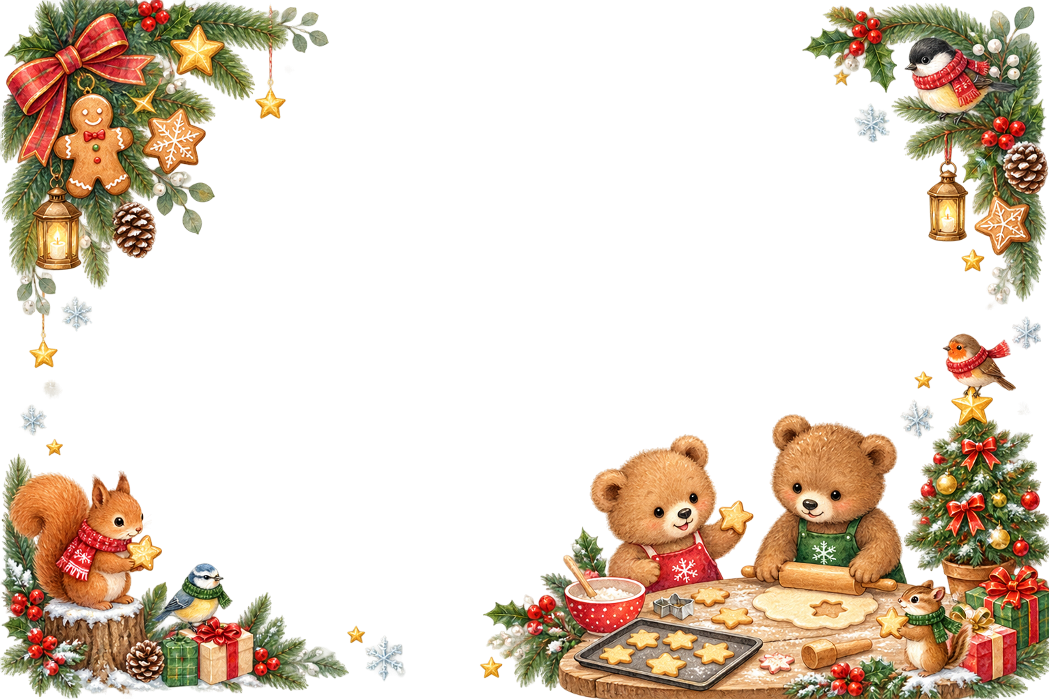 子グマ・リス・小鳥のかわいいクリスマスメッセージカード＆フレーム｜無料96362に写真・文字を入れる