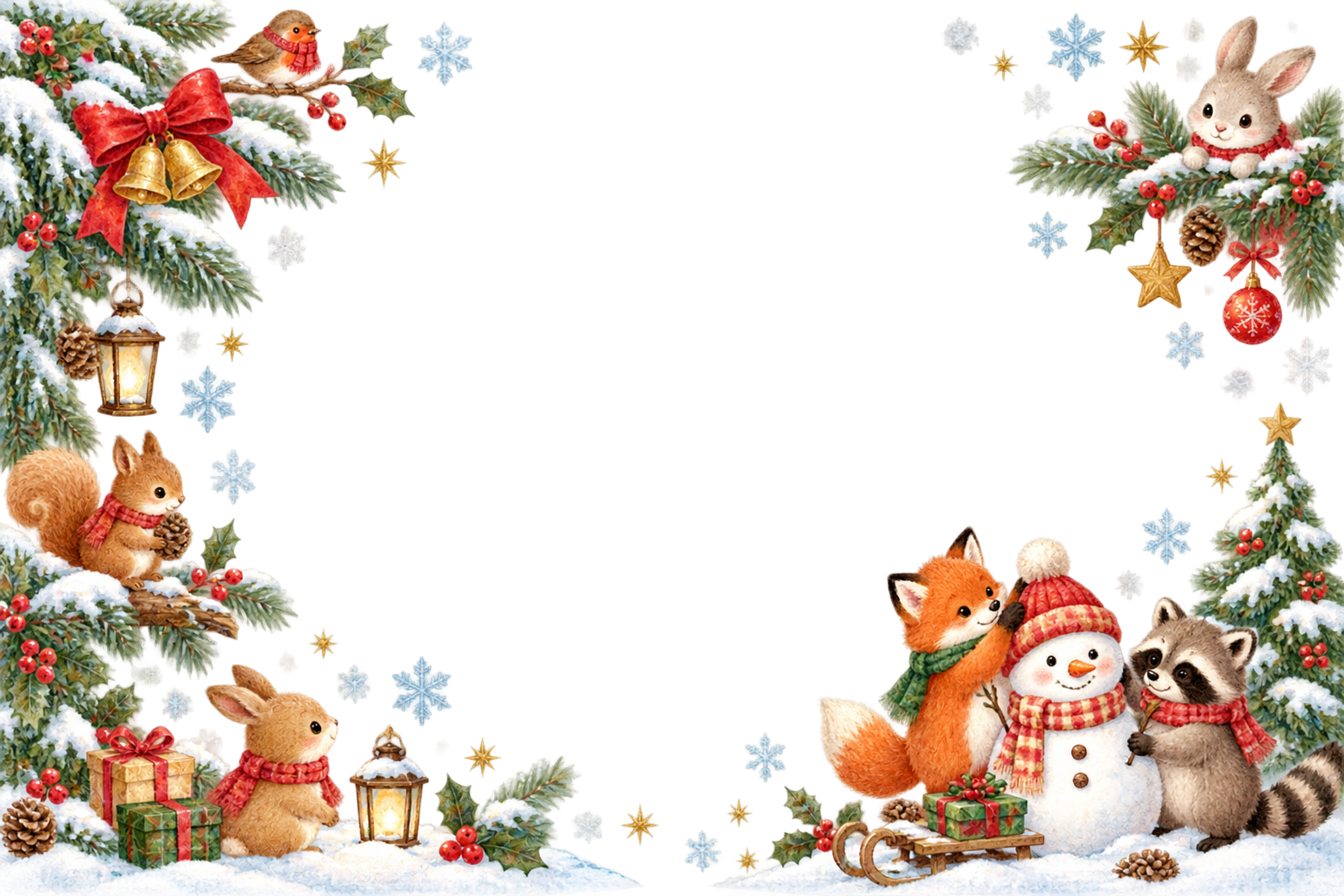キツネ・アライグマ・ウサギ・リス・小鳥のかわいいクリスマスカードフレーム｜無料96363に写真・文字を入れる