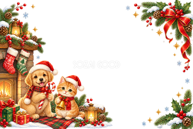 子犬と子猫のかわいい暖炉クリスマスメッセージカード&フレーム|無料96364