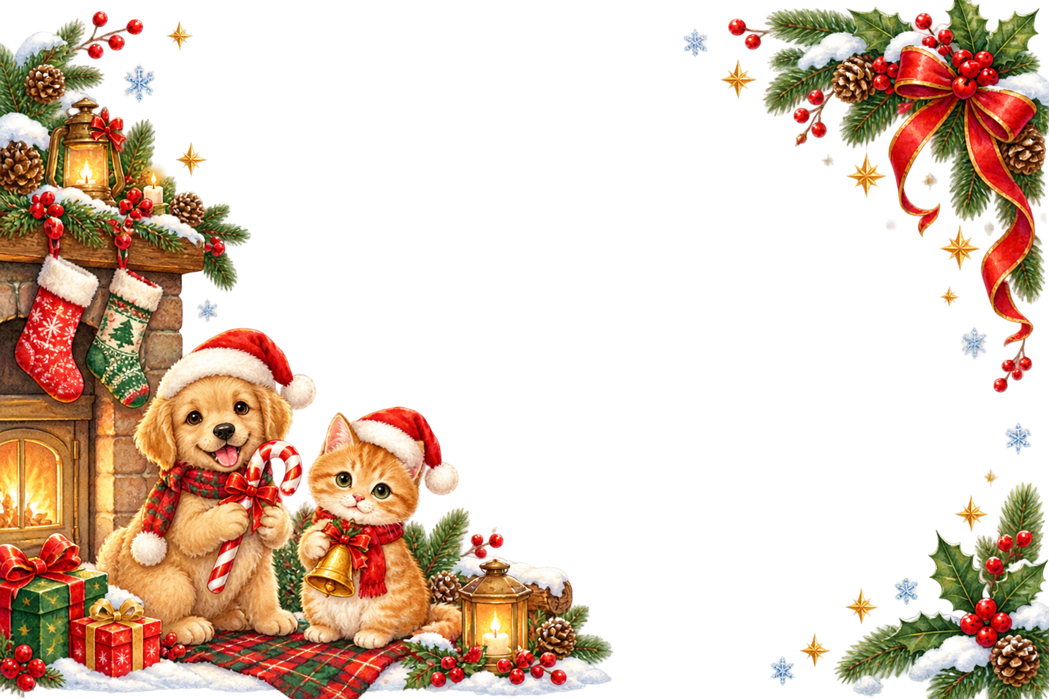 子犬と子猫のかわいい暖炉クリスマスメッセージカード＆フレーム｜無料96364に写真・文字を入れる