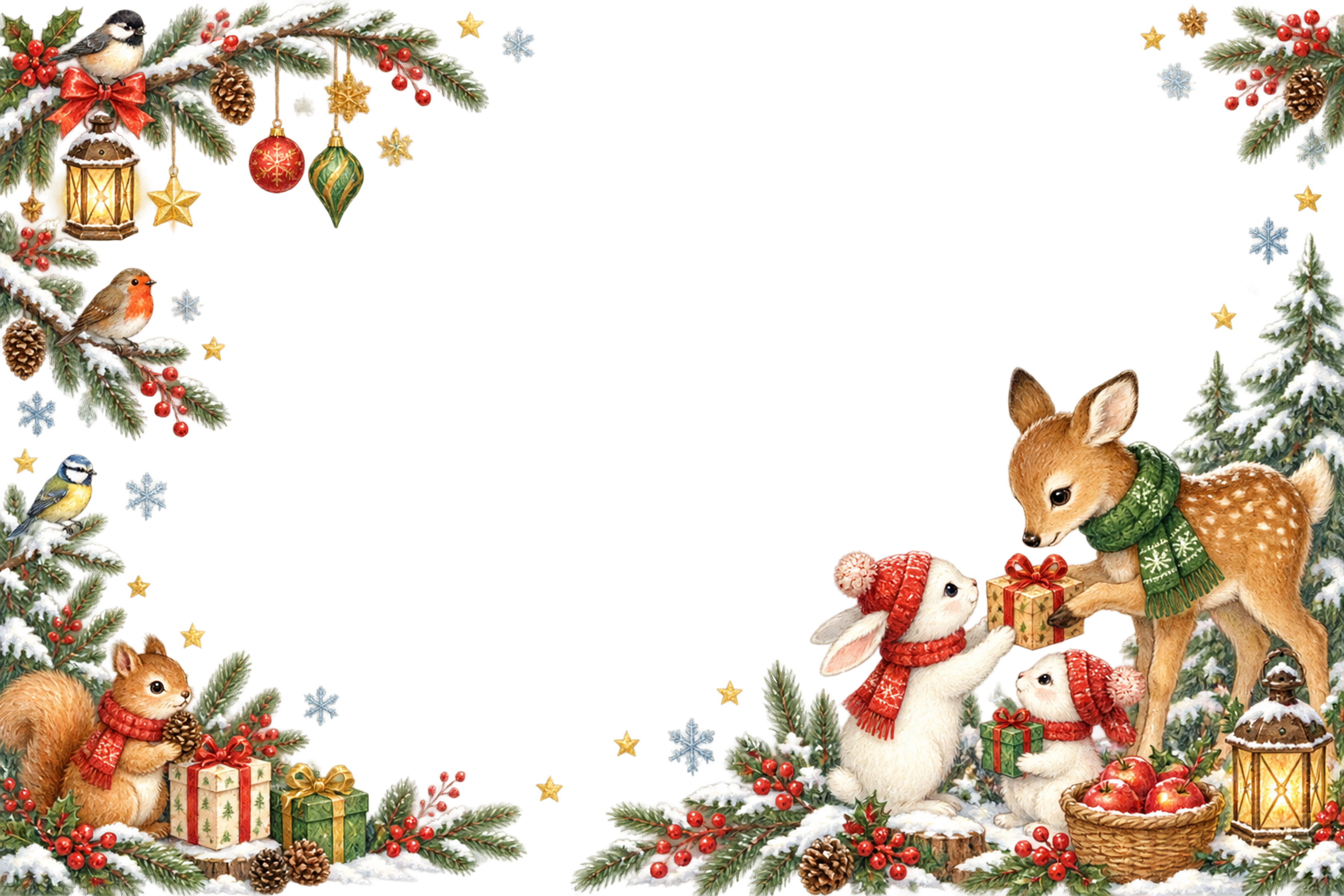 子鹿・ウサギ・リス・小鳥のかわいいクリスマスメッセージカード＆フレーム｜無料96365に写真・文字を入れる