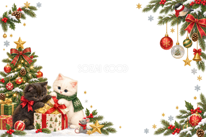黒猫・白猫・小鳥のかわいいクリスマスメッセージカード&フレーム|無料96366