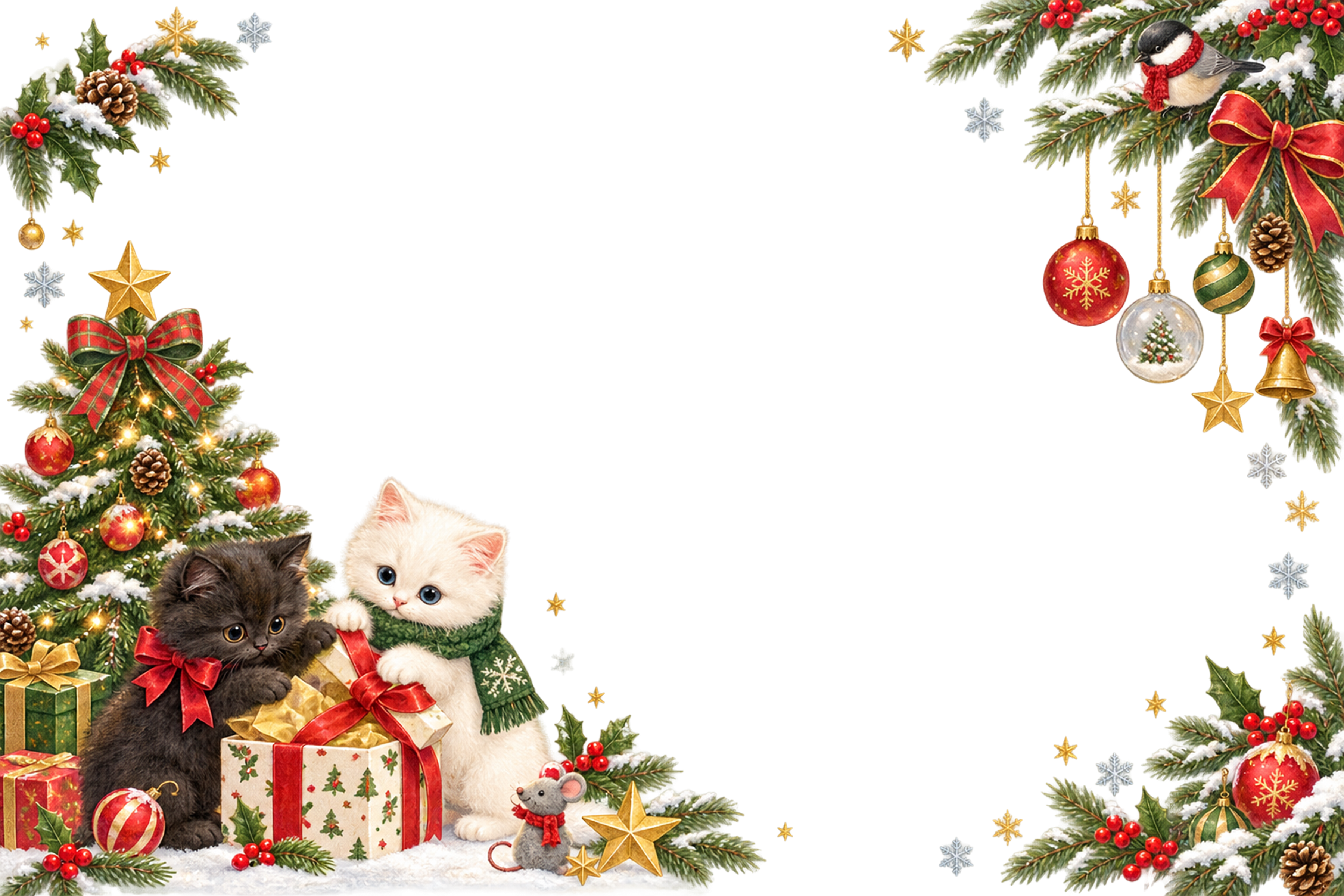 黒猫・白猫・小鳥のかわいいクリスマスメッセージカード＆フレーム｜無料96366に写真・文字を入れる
