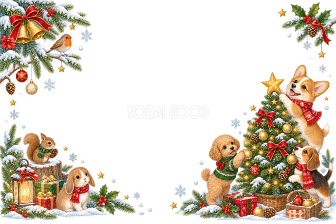子犬・リス・小鳥のかわいいクリスマスツリーメッセージカード&フレーム|無料96367