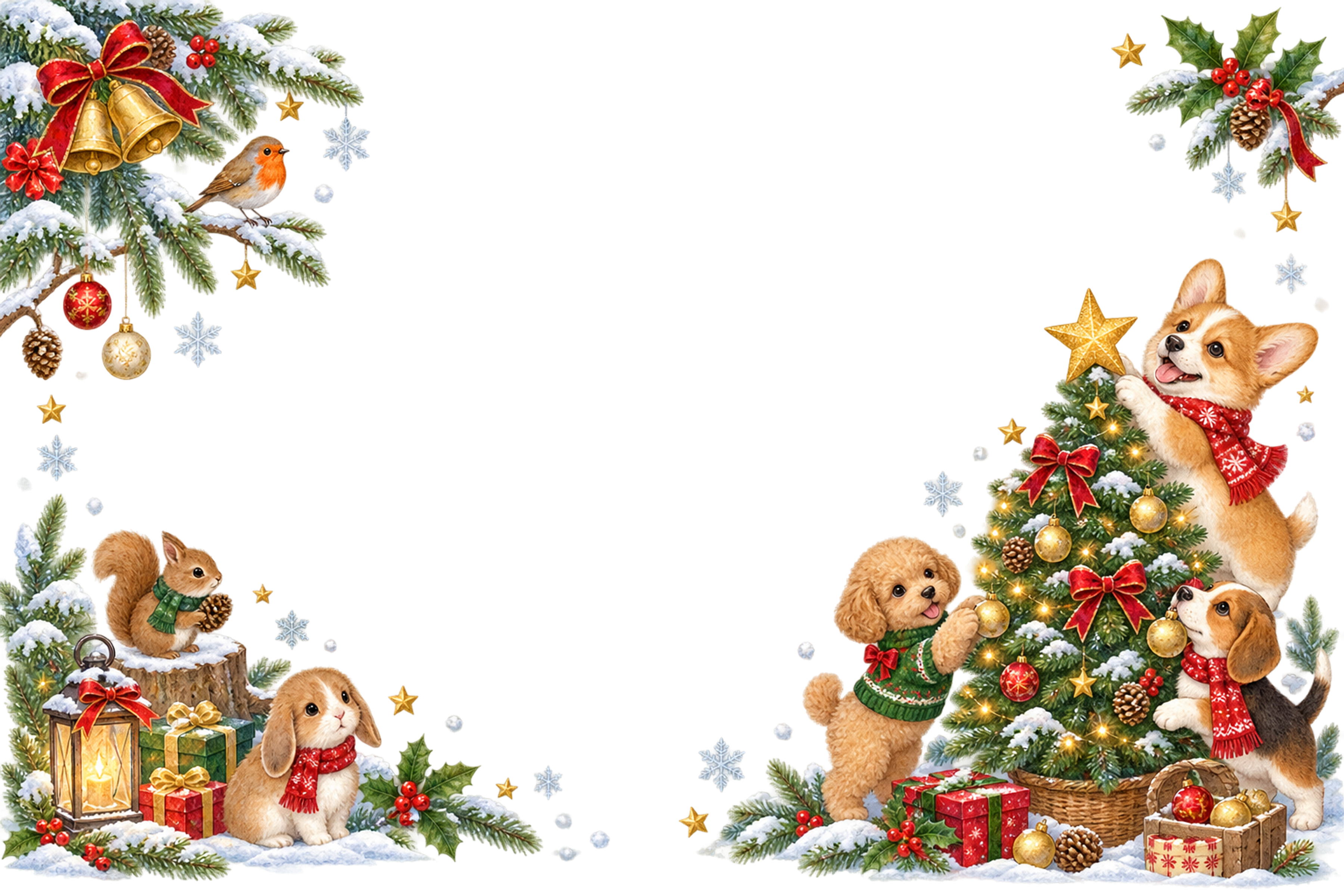 子犬・リス・小鳥のかわいいクリスマスツリーメッセージカード＆フレーム｜無料96367に写真・文字を入れる