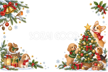 子犬・リス・小鳥のかわいいクリスマスツリーメッセージカード＆フレーム｜無料96367