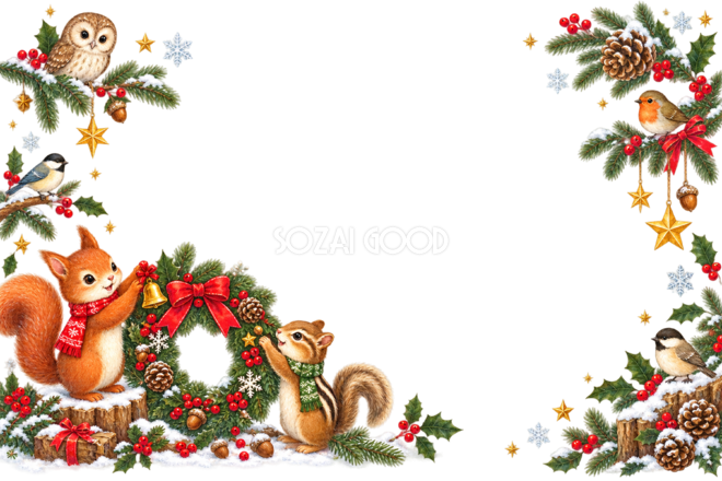 リス・シマリス・フクロウ・小鳥のかわいいクリスマスリースカードフレーム|無料96370
