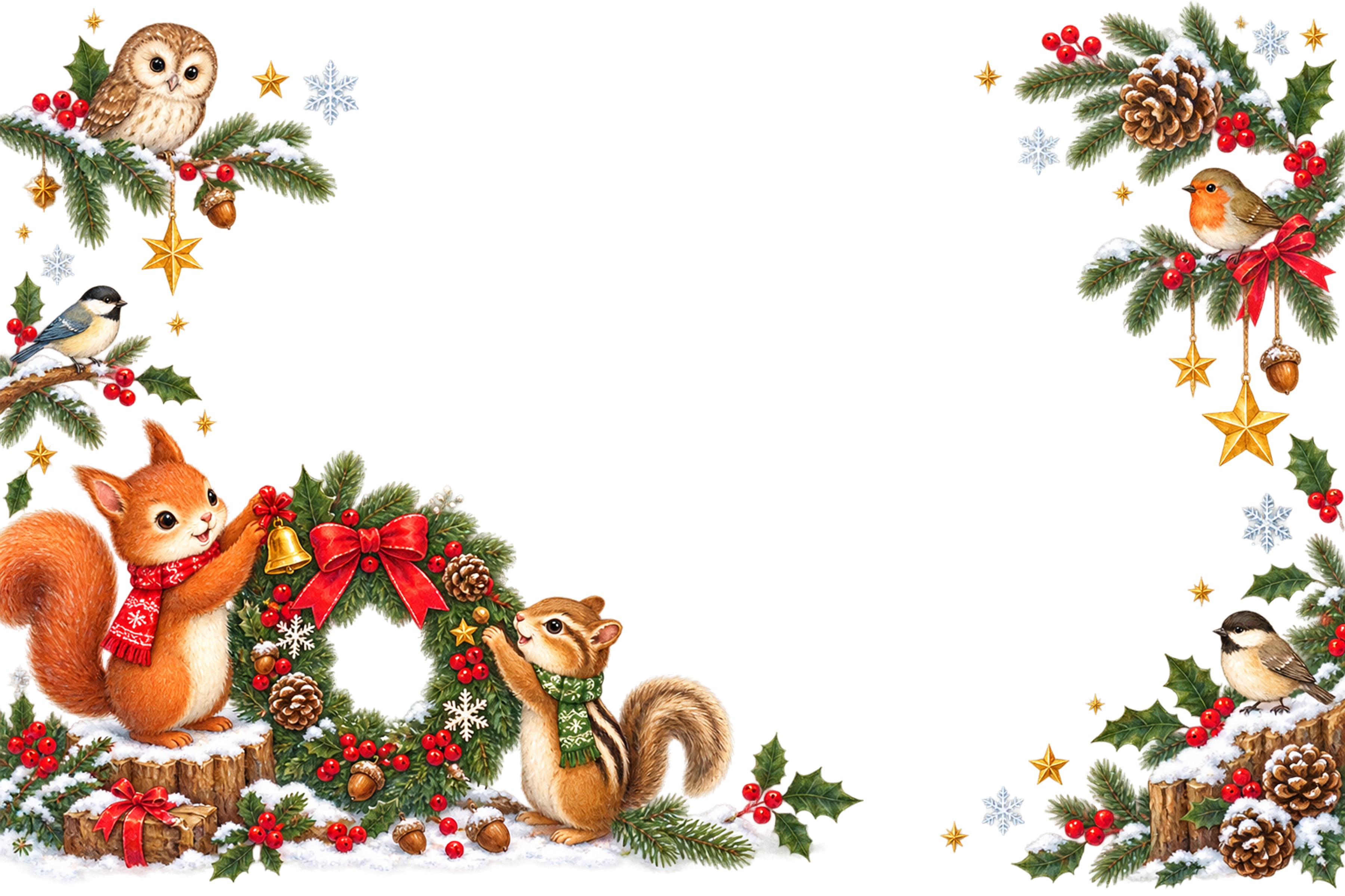 リス・シマリス・フクロウ・小鳥のかわいいクリスマスリースカードフレーム｜無料96370に写真・文字を入れる