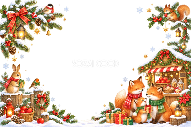 キツネ家族・ウサギ・リス・小鳥のかわいいクリスマスマーケットカード|無料96371