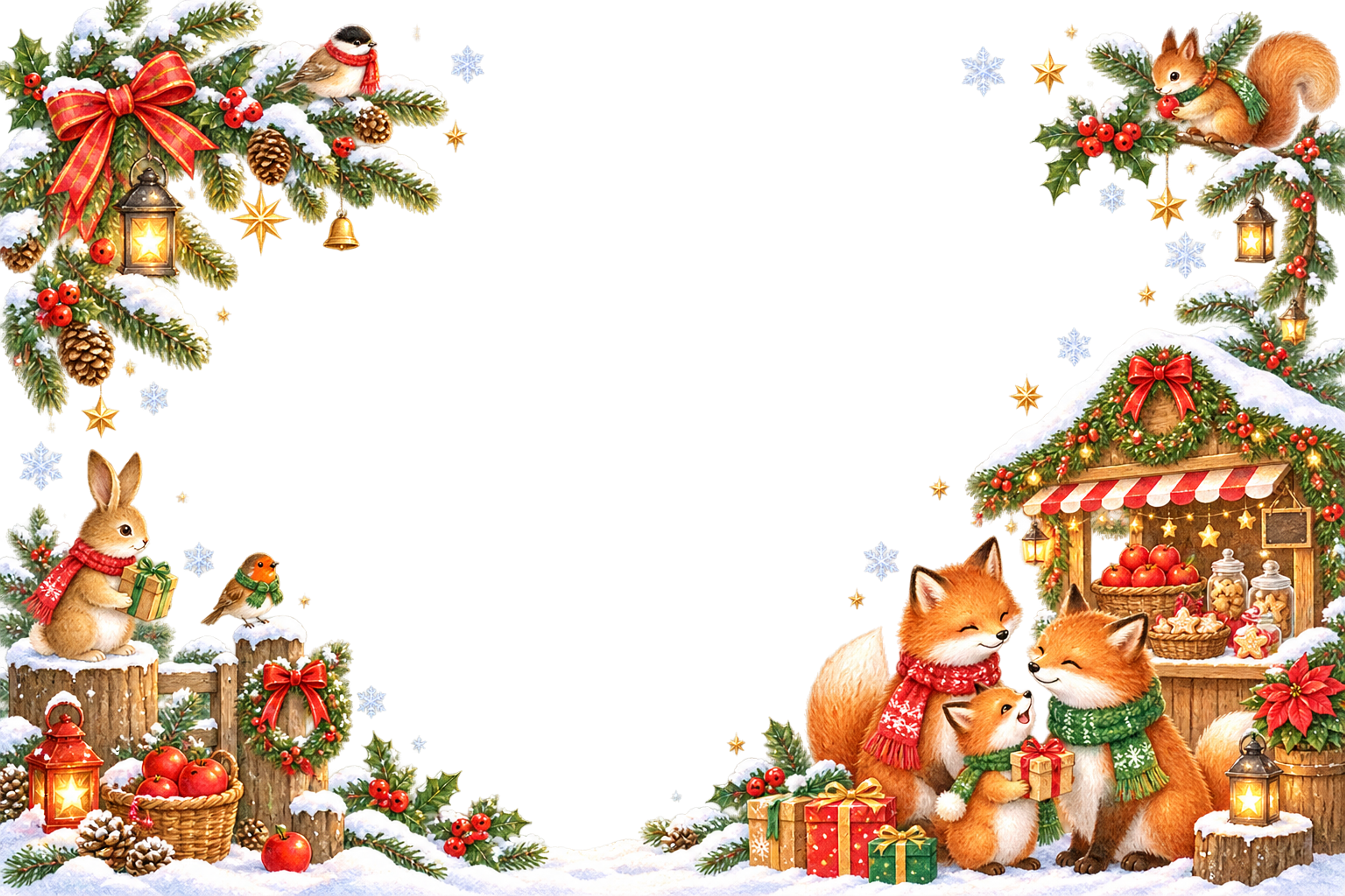 キツネ家族・ウサギ・リス・小鳥のかわいいクリスマスマーケットカード｜無料96371に写真・文字を入れる