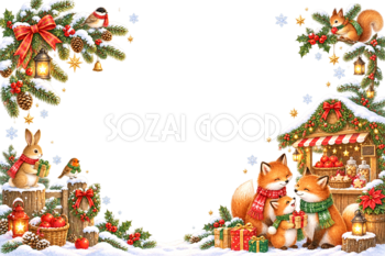 キツネ家族・ウサギ・リス・小鳥のかわいいクリスマスマーケットカード｜無料96371