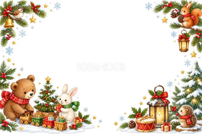 子グマ・ウサギ・ハリネズミ・リス・小鳥のかわいいクリスマスカードフレーム｜無料96372