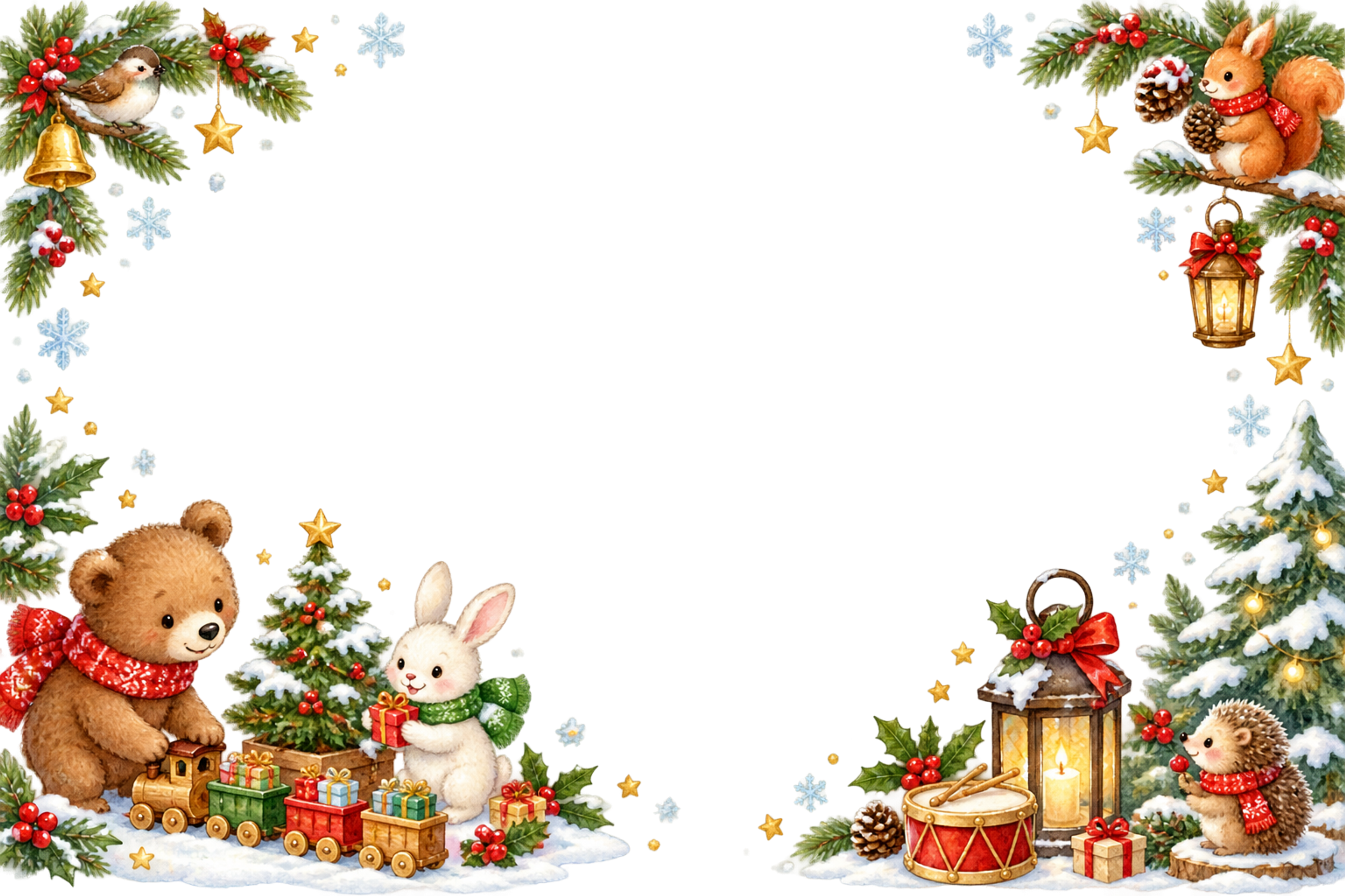 子グマ・ウサギ・ハリネズミ・リス・小鳥のかわいいクリスマスカードフレーム｜無料96372に写真・文字を入れる