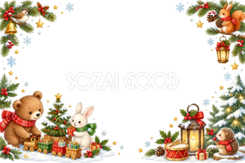 子グマ・ウサギ・ハリネズミ・リス・小鳥のかわいいクリスマスカードフレーム｜無料96372
