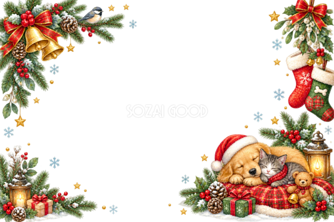 子犬・子猫・小鳥のかわいいクリスマスメッセージカード&フレーム|無料96373