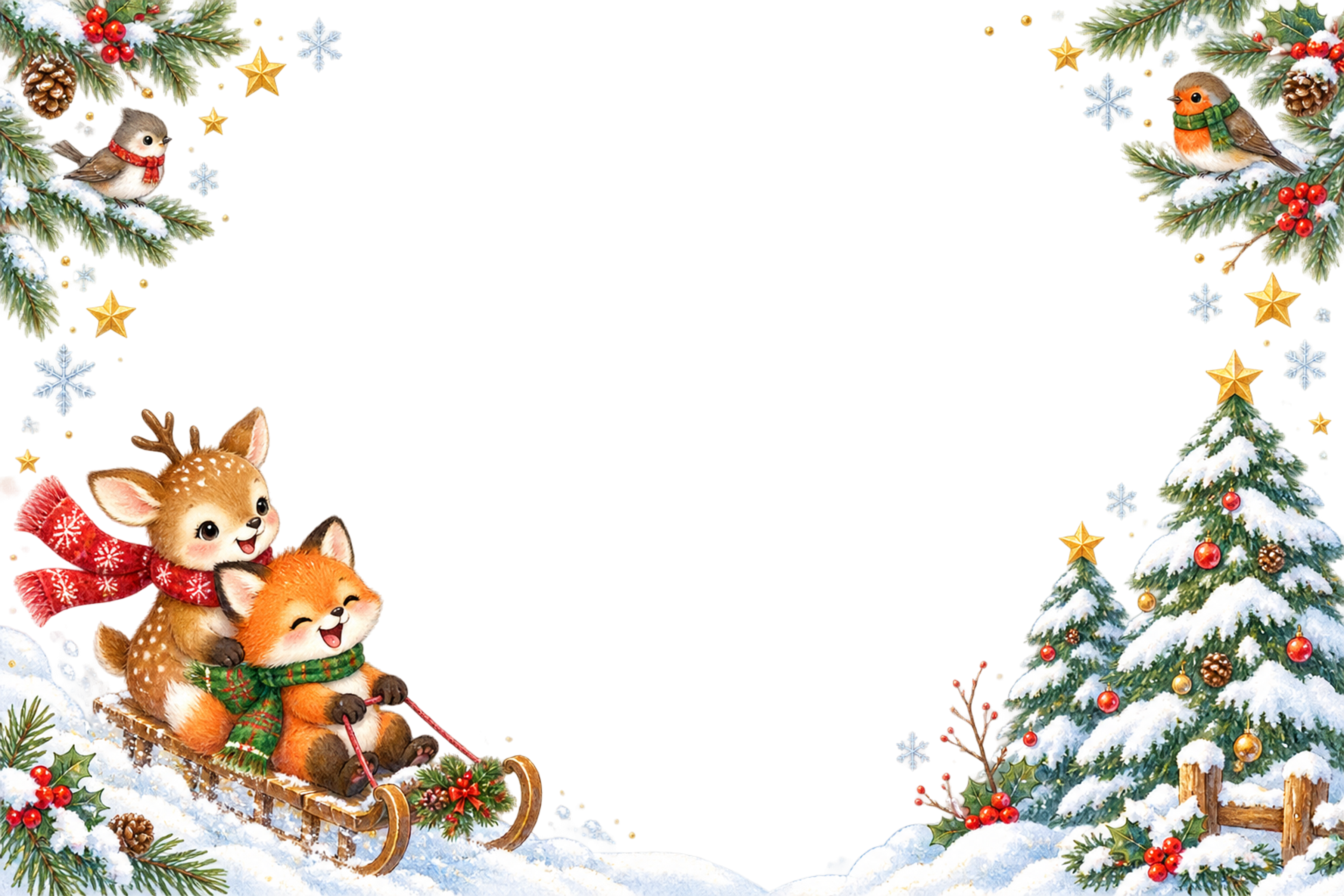 子鹿・キツネ・小鳥のかわいい雪遊びクリスマスメッセージカード＆フレーム｜無料96374に写真・文字を入れる