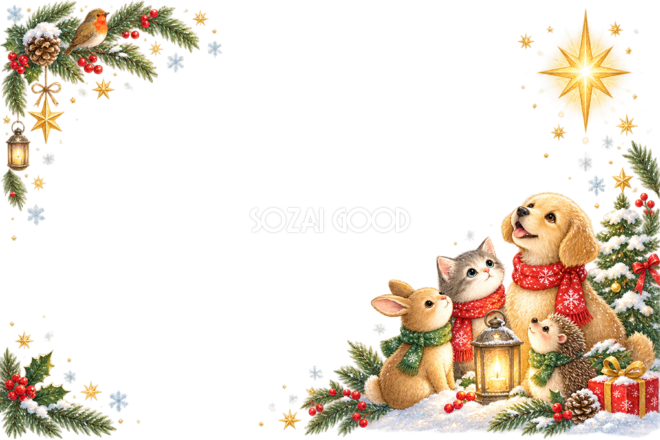 子犬・子猫・ウサギ・ハリネズミ・小鳥のかわいいクリスマスカードフレーム|無料96375