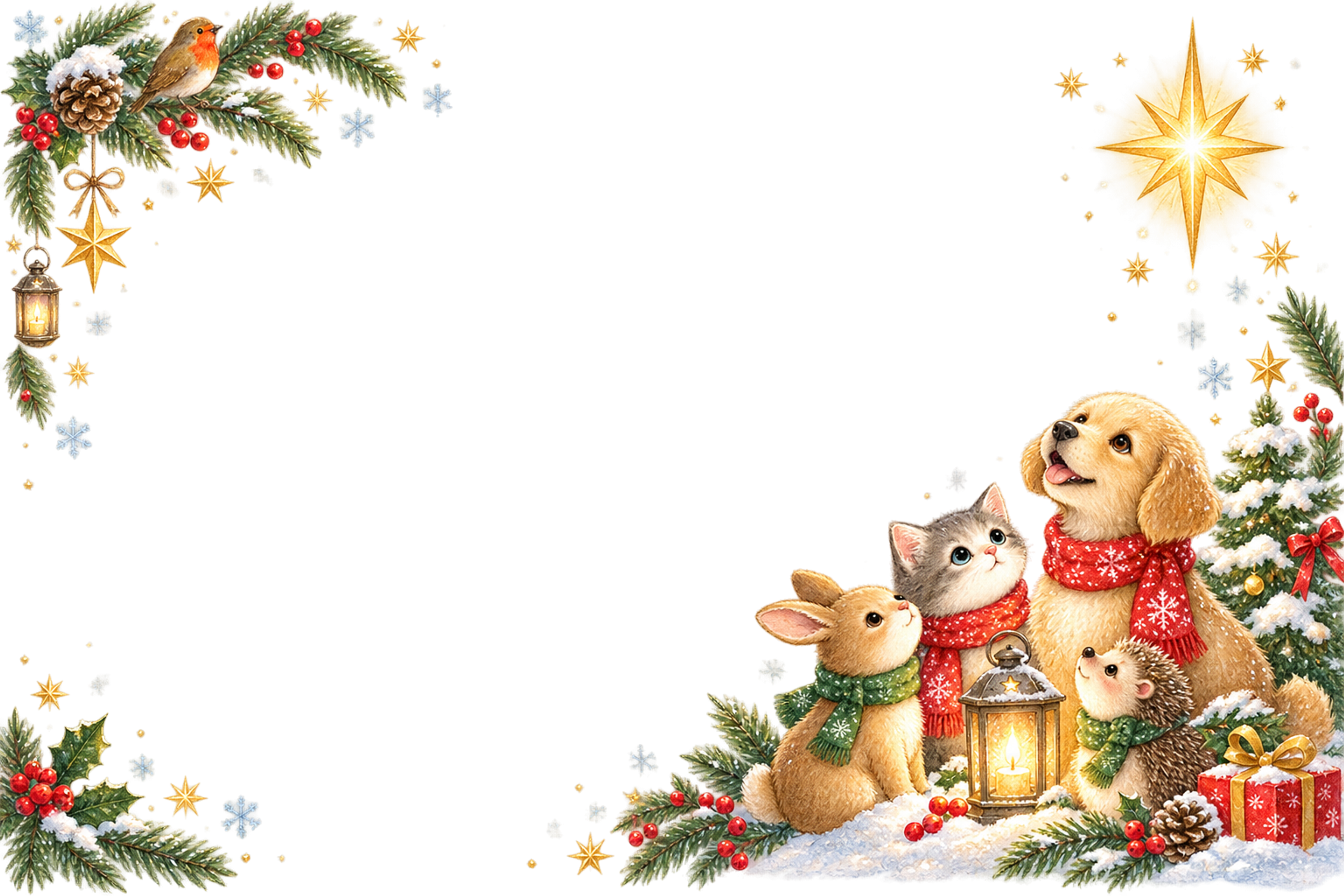 子犬・子猫・ウサギ・ハリネズミ・小鳥のかわいいクリスマスカードフレーム｜無料96375に写真・文字を入れる
