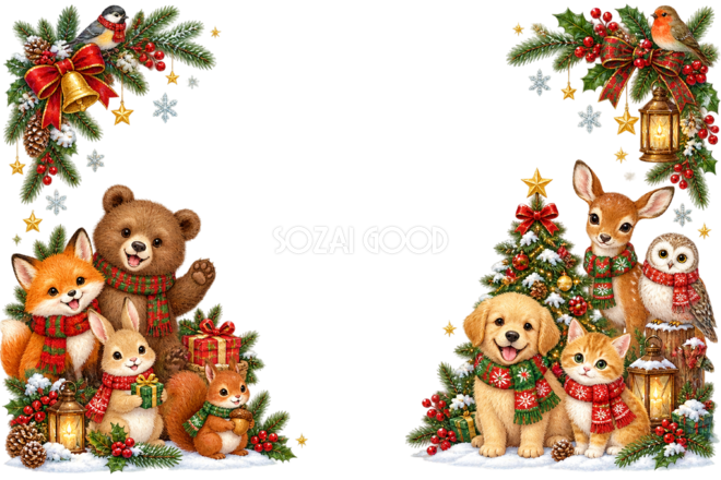 キツネ・クマ・ウサギ・リス・子鹿・フクロウ・犬・猫・小鳥のかわいいクリスマスカード|無料96376