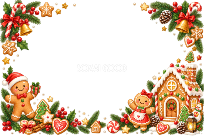 かわいいジンジャーブレッドハウスのクリスマスメッセージカード＆フレーム｜無料イラスト96378