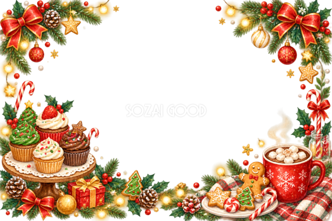 かわいいカップケーキとホットココアのクリスマスメッセージカード|無料イラスト96381