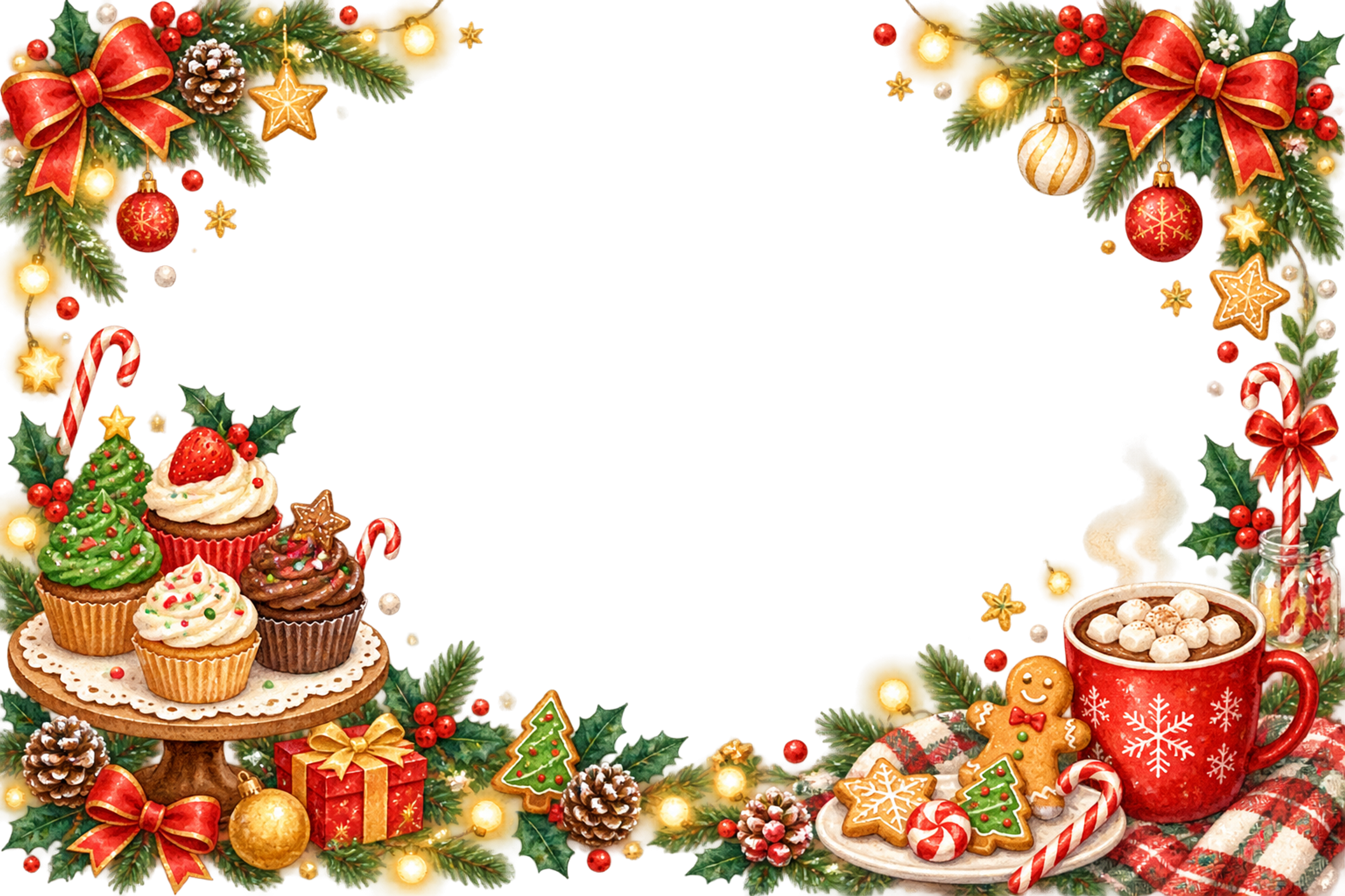かわいいカップケーキとホットココアのクリスマスメッセージカード｜無料イラスト96381に写真・文字を入れる