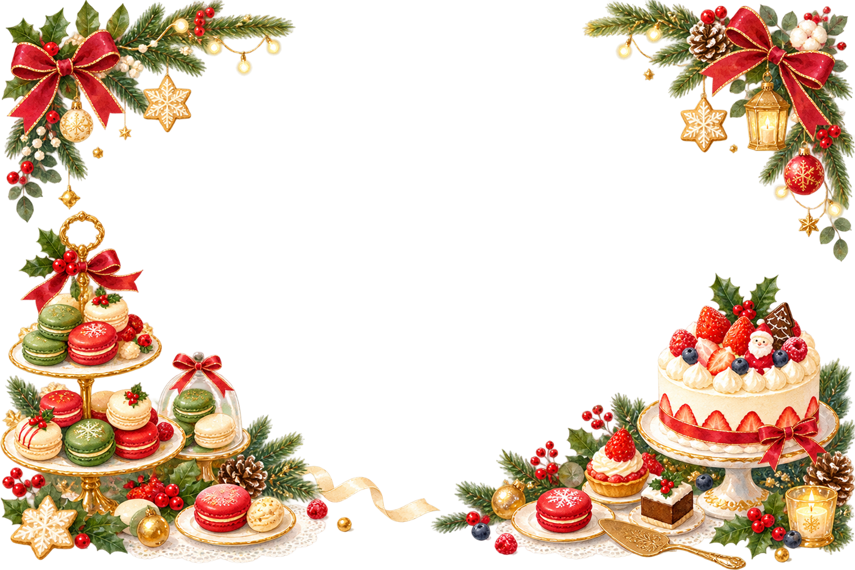 かわいいマカロンとクリスマスケーキのメッセージカード＆フレーム｜無料イラスト96382に写真・文字を入れる