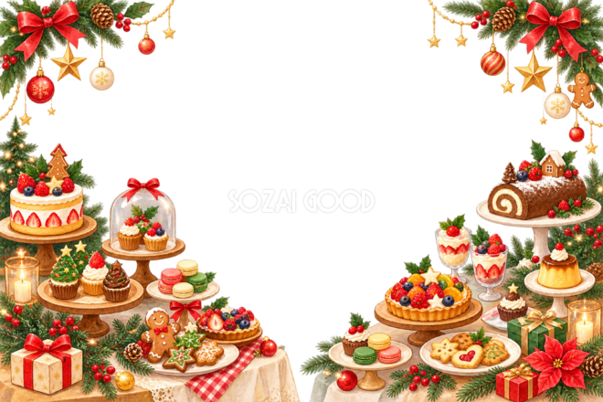 かわいいクリスマススイーツビュッフェのメッセージカード＆フレーム｜無料イラスト96387