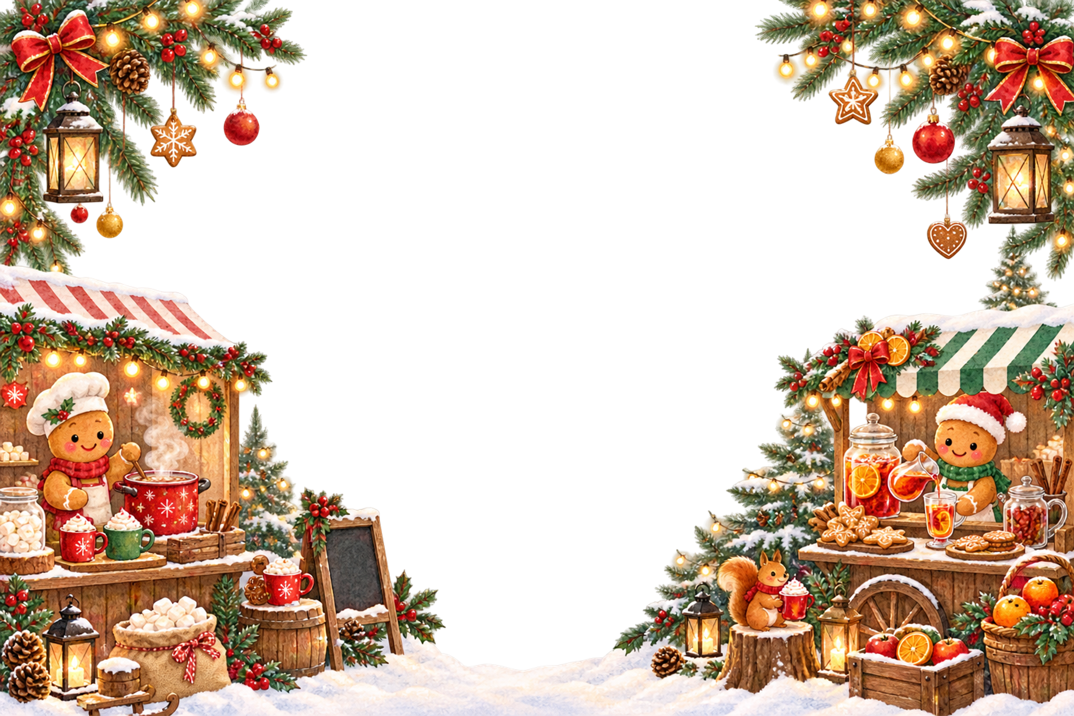 かわいいホットココア・紅茶・リスのクリスマス屋台カードフレーム｜無料イラスト96389に写真・文字を入れる