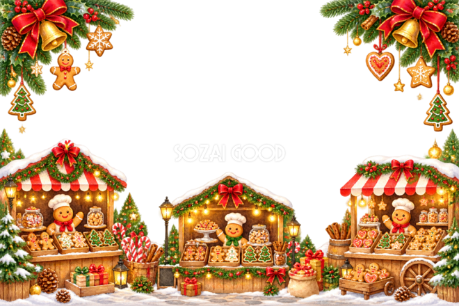 かわいいクッキーマーケット屋台のクリスマスメッセージカード＆フレーム｜無料96391