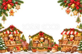 かわいいクッキーマーケット屋台のクリスマスメッセージカード＆フレーム｜無料96391