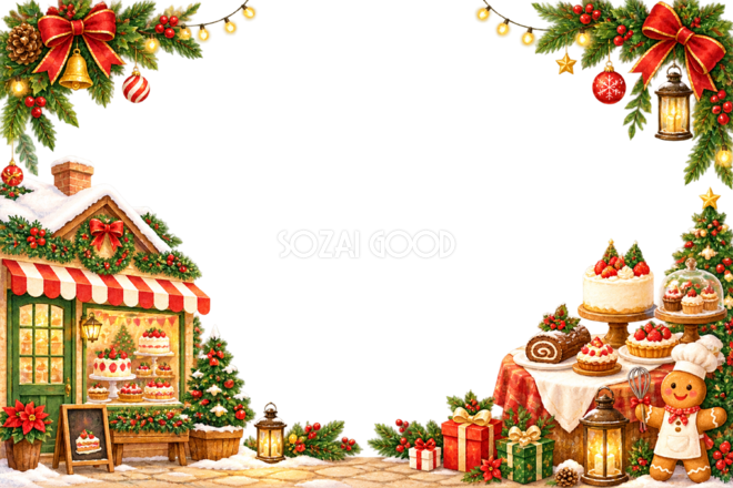 かわいいクリスマスケーキ店のメッセージカード&フレームイラスト|無料96392
