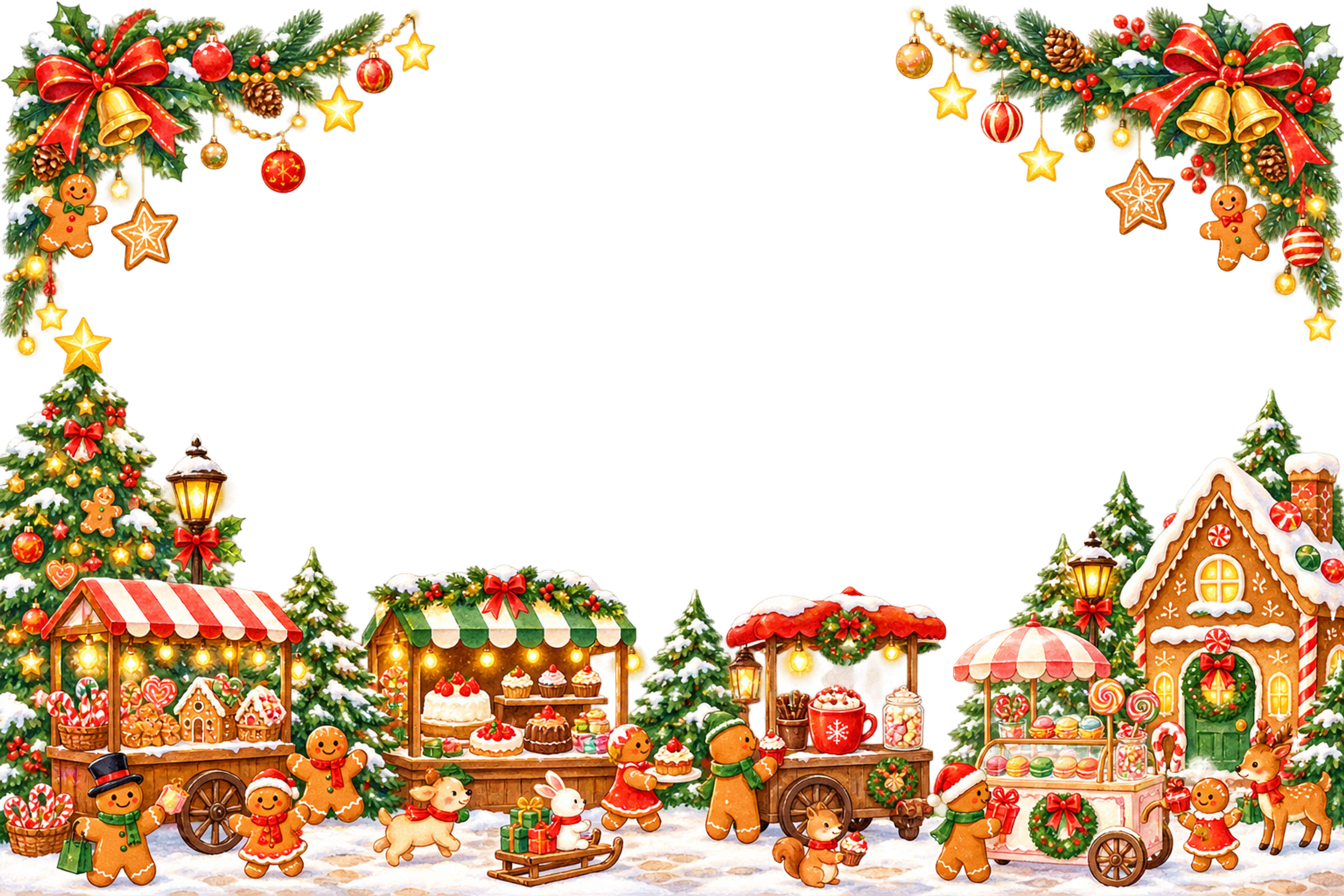 子羊・ウサギ・リス・子鹿とお菓子マーケットのかわいいクリスマスカード｜無料96397に写真・文字を入れる