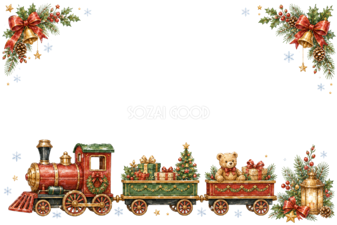 水彩絵本タッチのかわいい赤い汽車クリスマスメッセージカード・フレーム用イラスト|無料素材96400