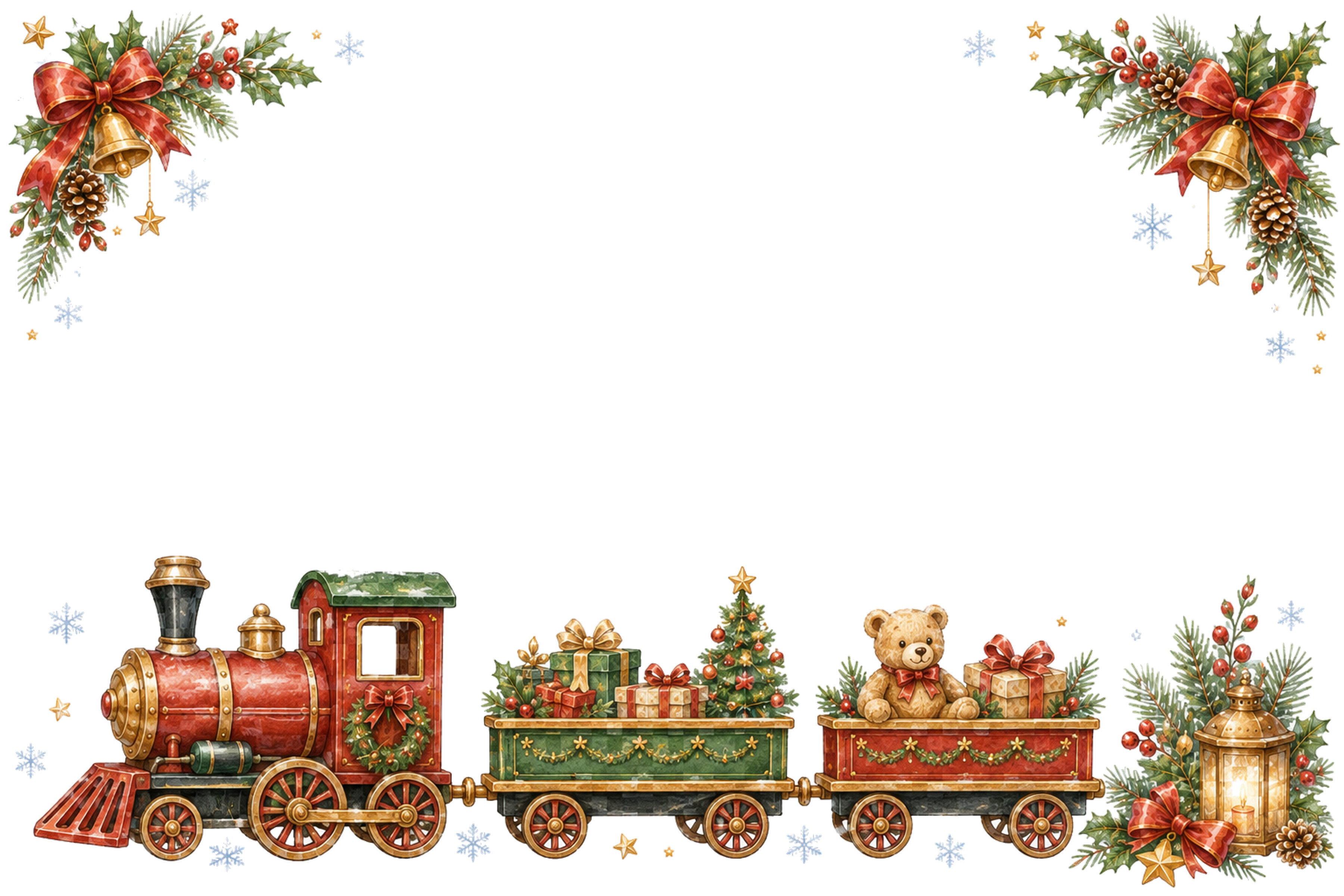 水彩絵本タッチのかわいい赤い汽車クリスマスメッセージカード・フレーム用イラスト｜無料素材96400に写真・文字を入れる