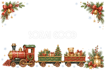 水彩絵本タッチのかわいい赤い汽車クリスマスメッセージカード・フレーム用イラスト｜無料素材96400